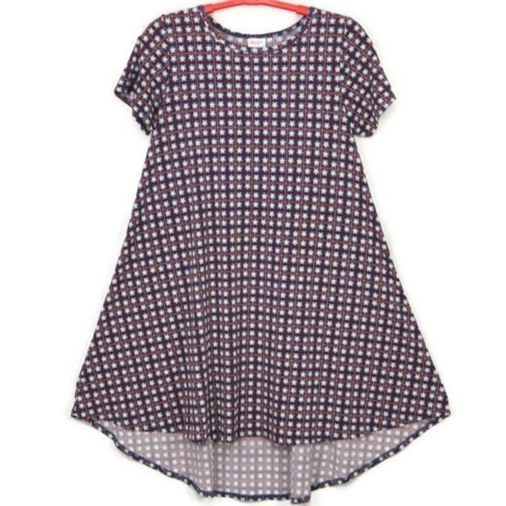 LuLaRoe Carly High Low Swing Dress Blue‎ Red Stars American L Large